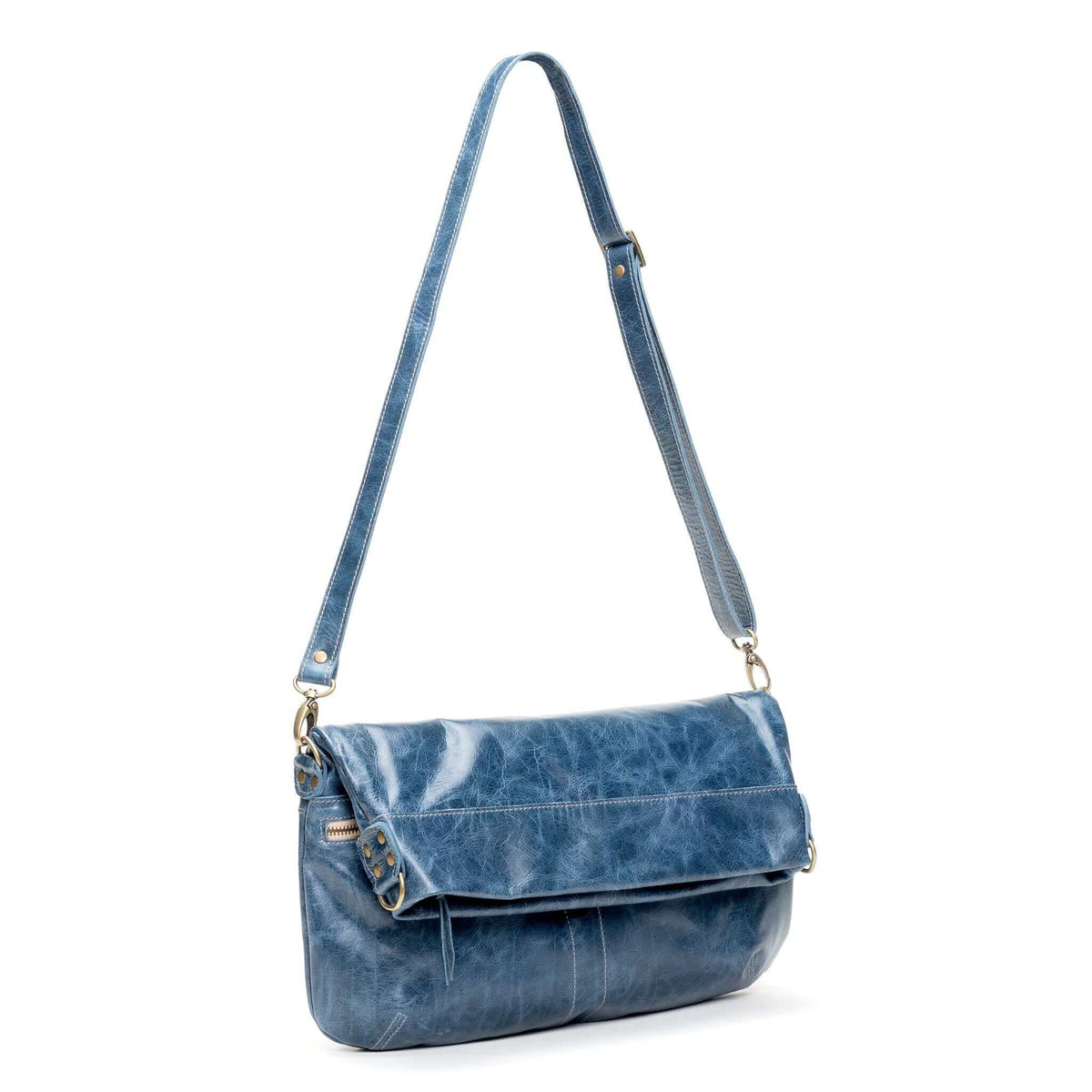 Leather crossbody bag in blue, showcasing versatile design and stylish functionality.
