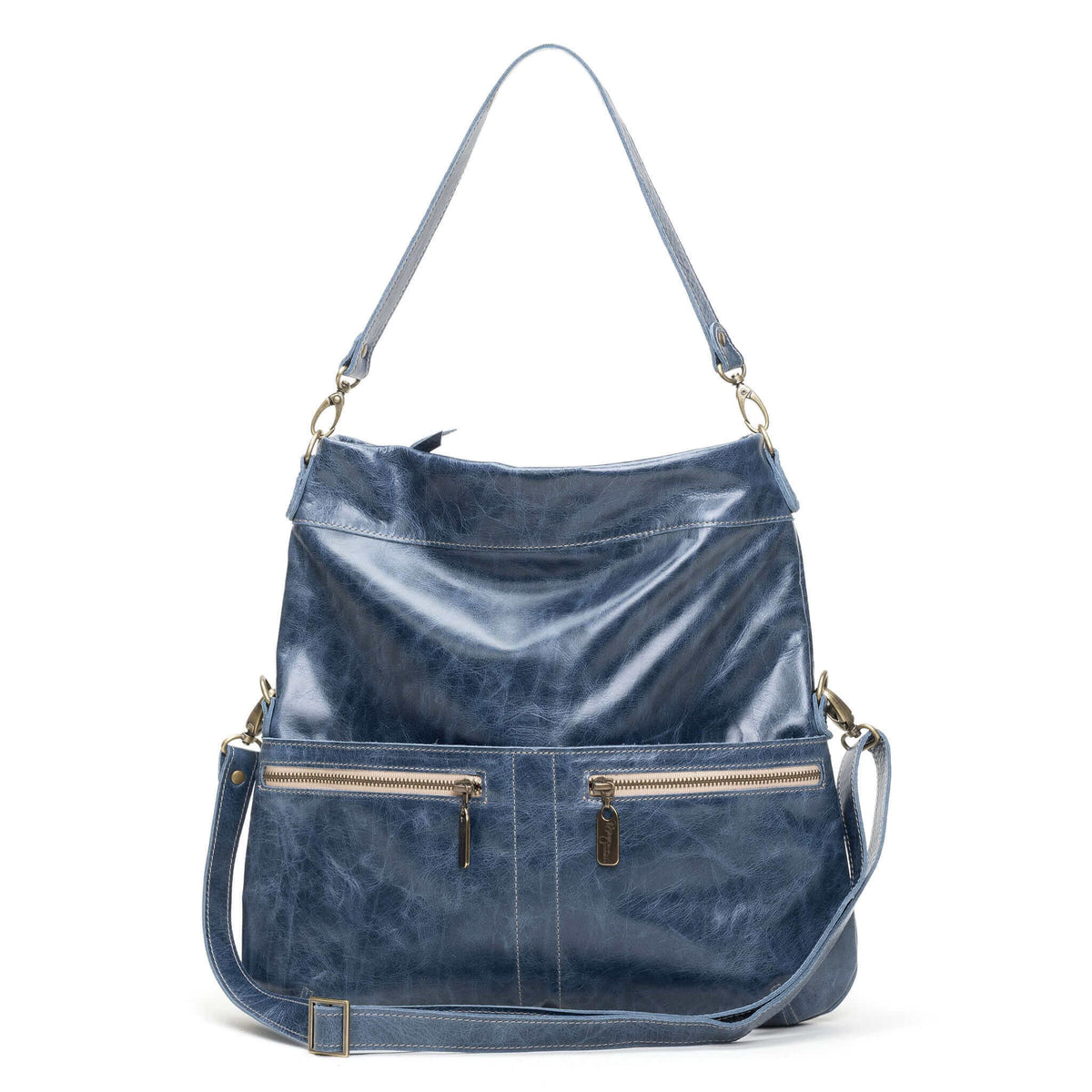 Leather crossbody bag in navy blue with zippered pockets and adjustable shoulder strap.