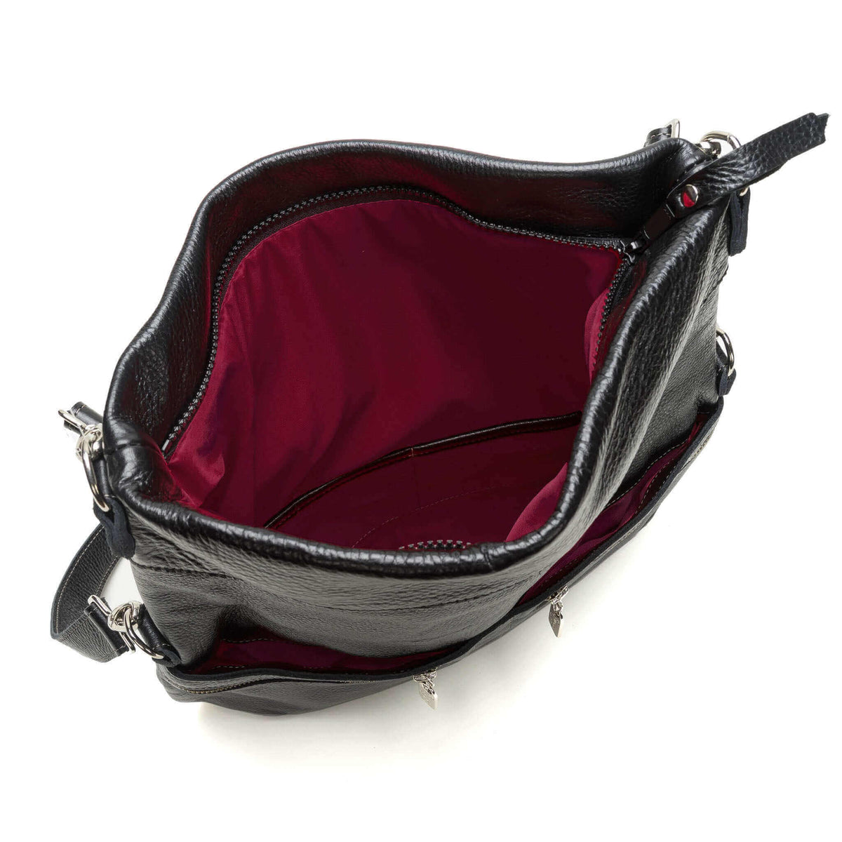 Interior view of the Mini Lauren leather crossbody bag showcasing the deep burgundy lining.
