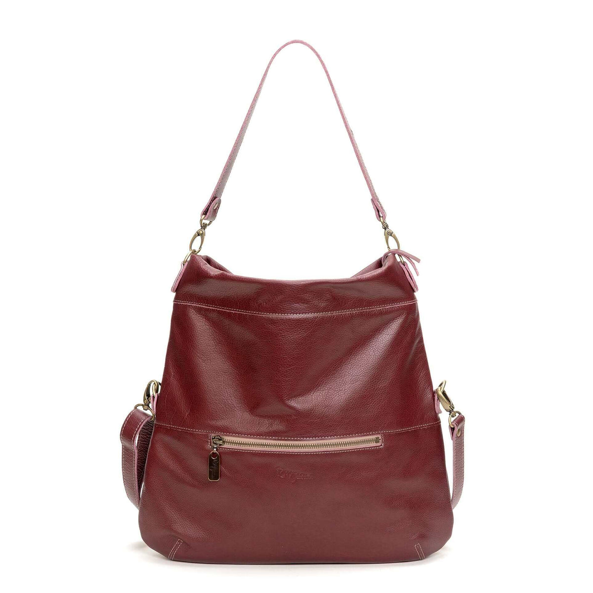 Original Lauren 6-in-1 leather crossbody bag in burgundy with adjustable strap and zipper pocket.