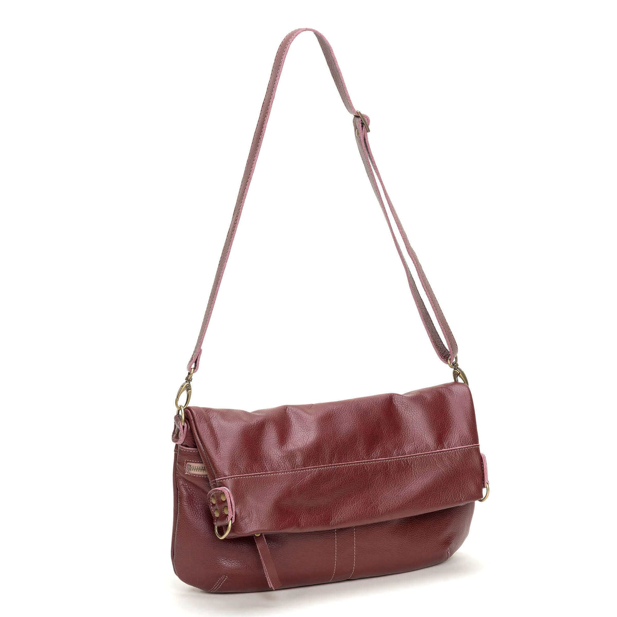 Original Lauren leather crossbody bag in burgundy color, showcasing its versatile foldover design and adjustable strap.