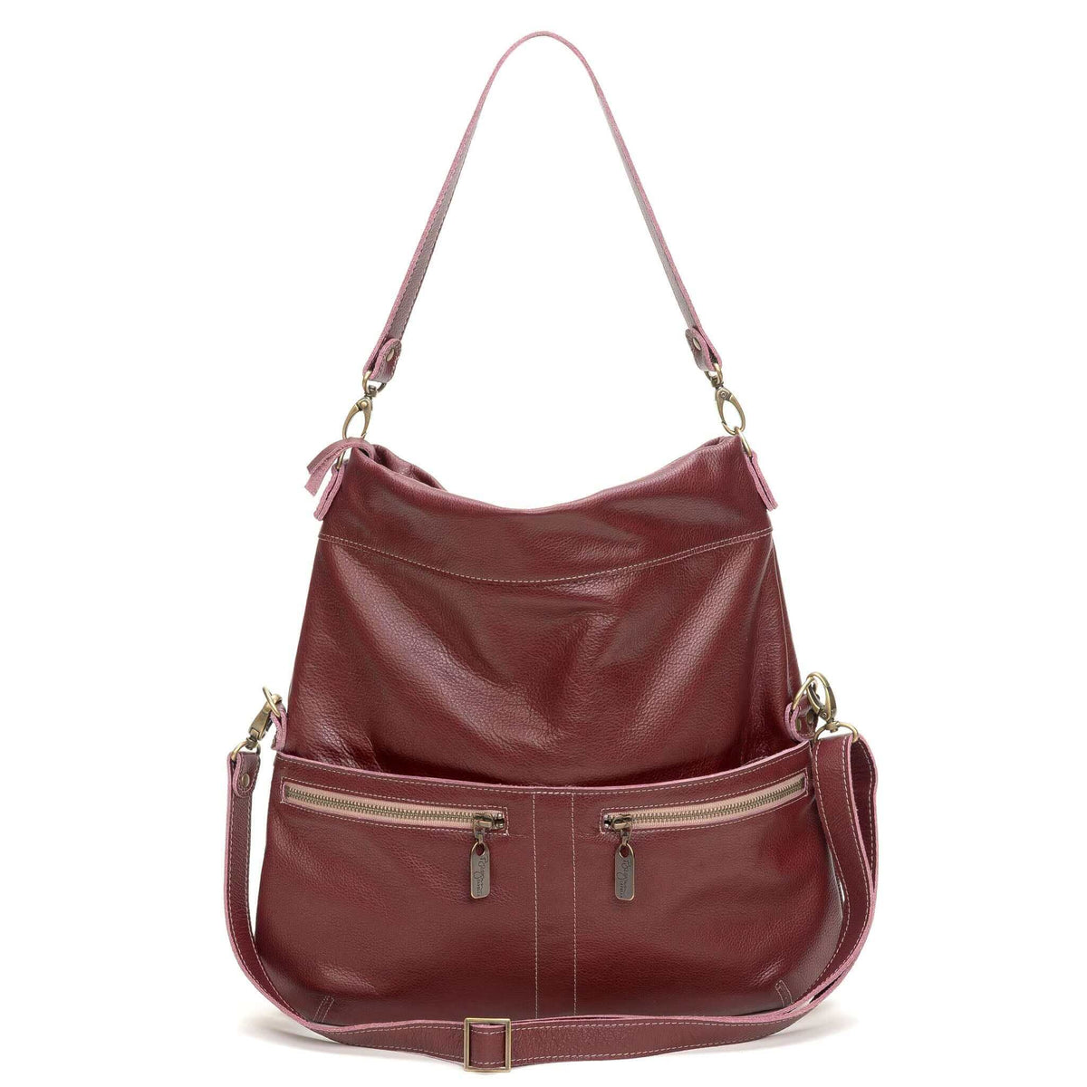 Original Lauren leather crossbody bag in burgundy color with dual front pockets.