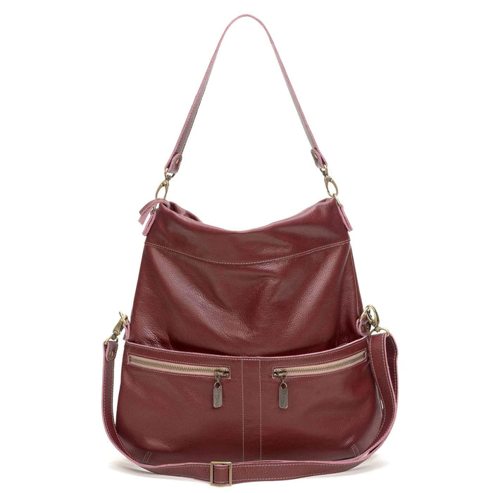 Original Lauren leather crossbody bag in burgundy color with dual front pockets.