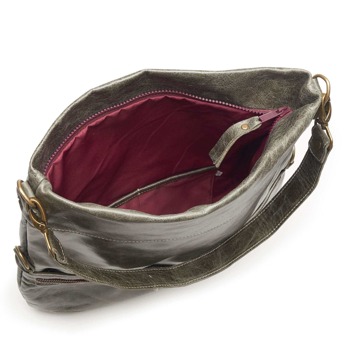Interior view of the Lauren Crossbody - River Rock, showcasing spacious pockets, perfect for leather crossbody bags.