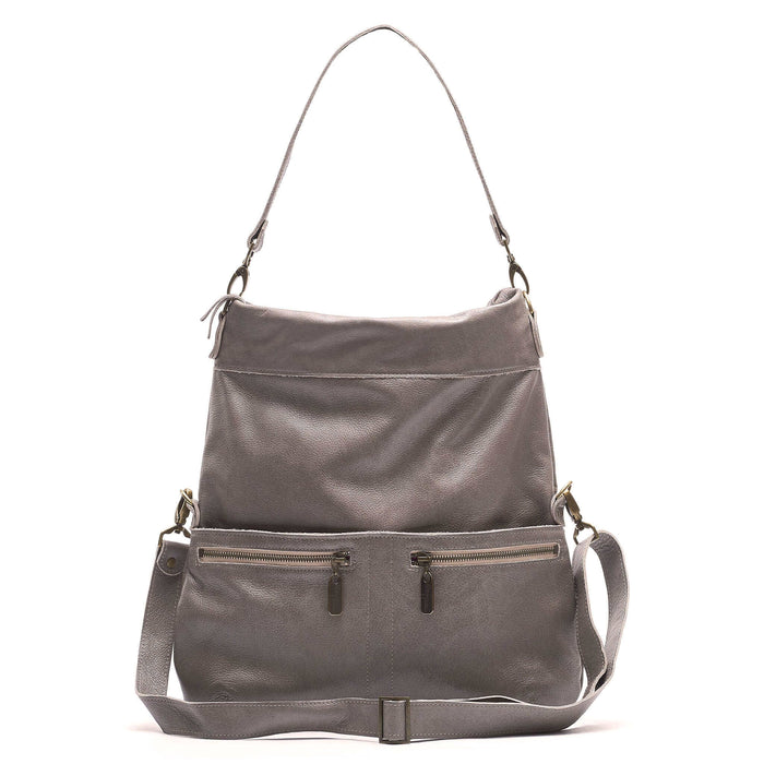 Original Lauren leather crossbody bag in grey with versatile carrying options and zippered pockets.