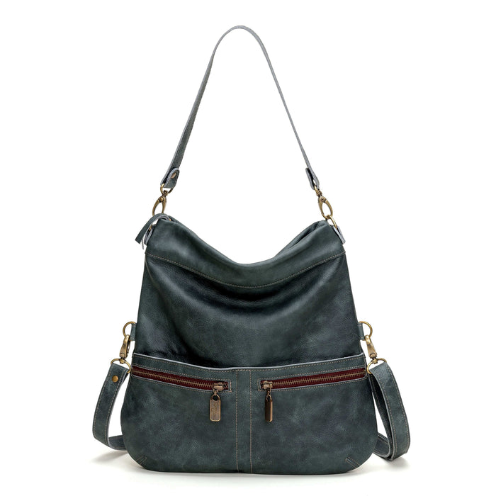 Mini Lauren 6-in-1 convertible leather crossbody bag in dark blue with zipper pockets.
