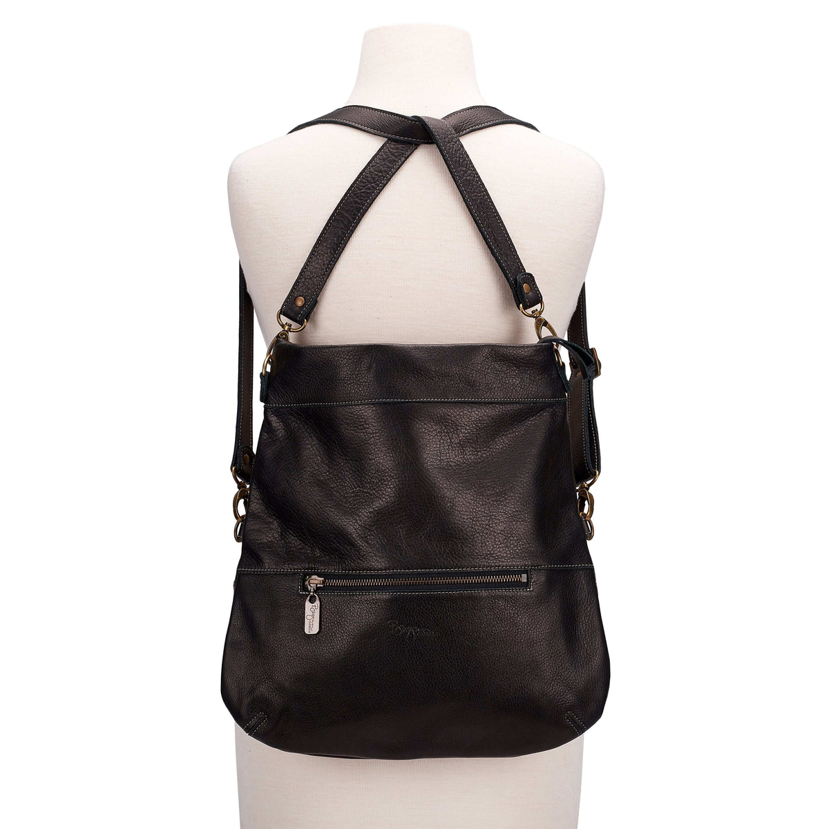 Back view of Mini Lauren 6-in-1 convertible leather crossbody bag in black sand.