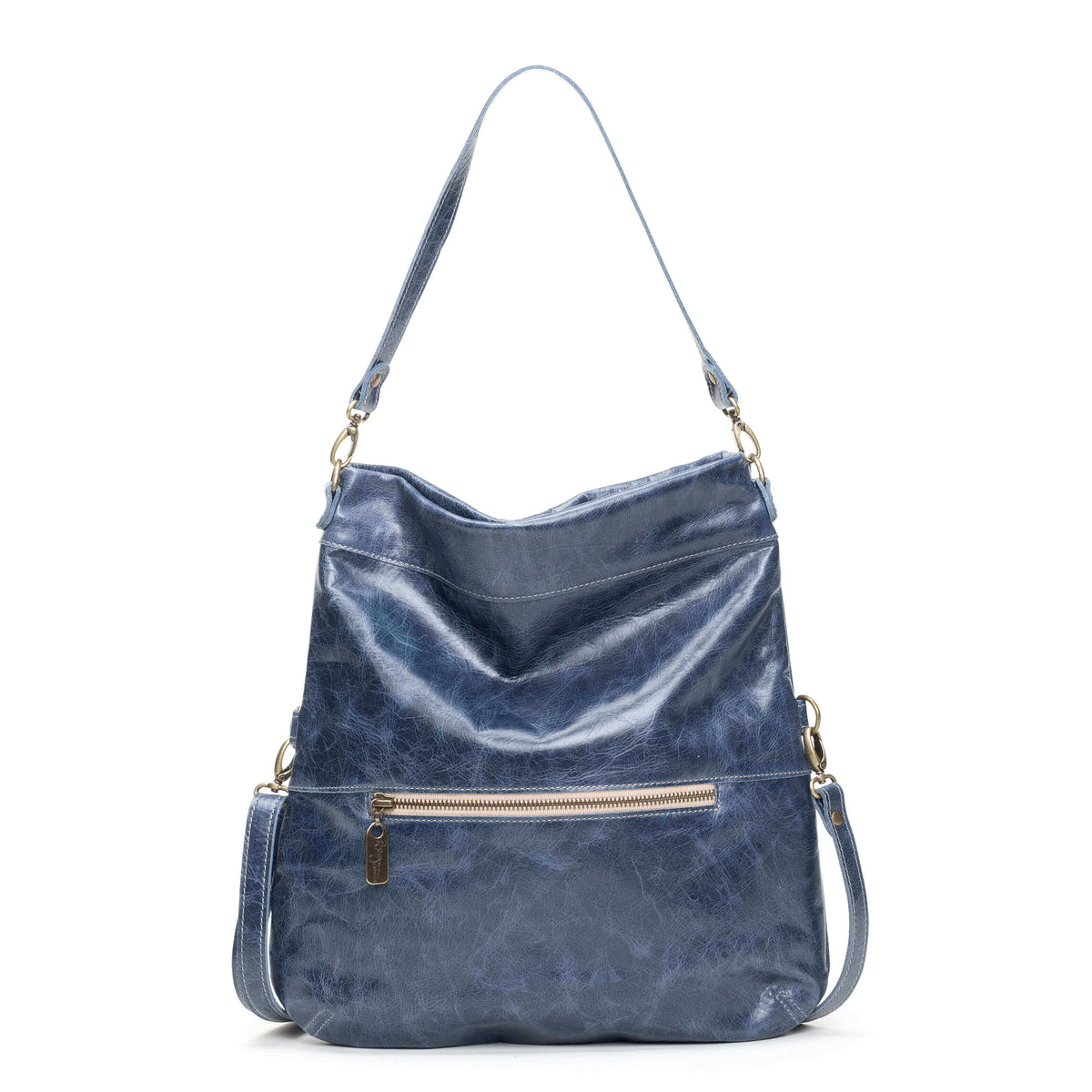 Mini Lauren 6-in-1 Convertible Leather Crossbody Bag in blue color with shoulder strap and front zipper pocket.