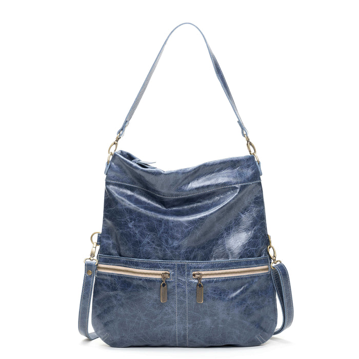 Mini Lauren 6-in-1 Convertible Leather Crossbody Bag in blue, showcasing versatility and style as a leather crossbody bag.