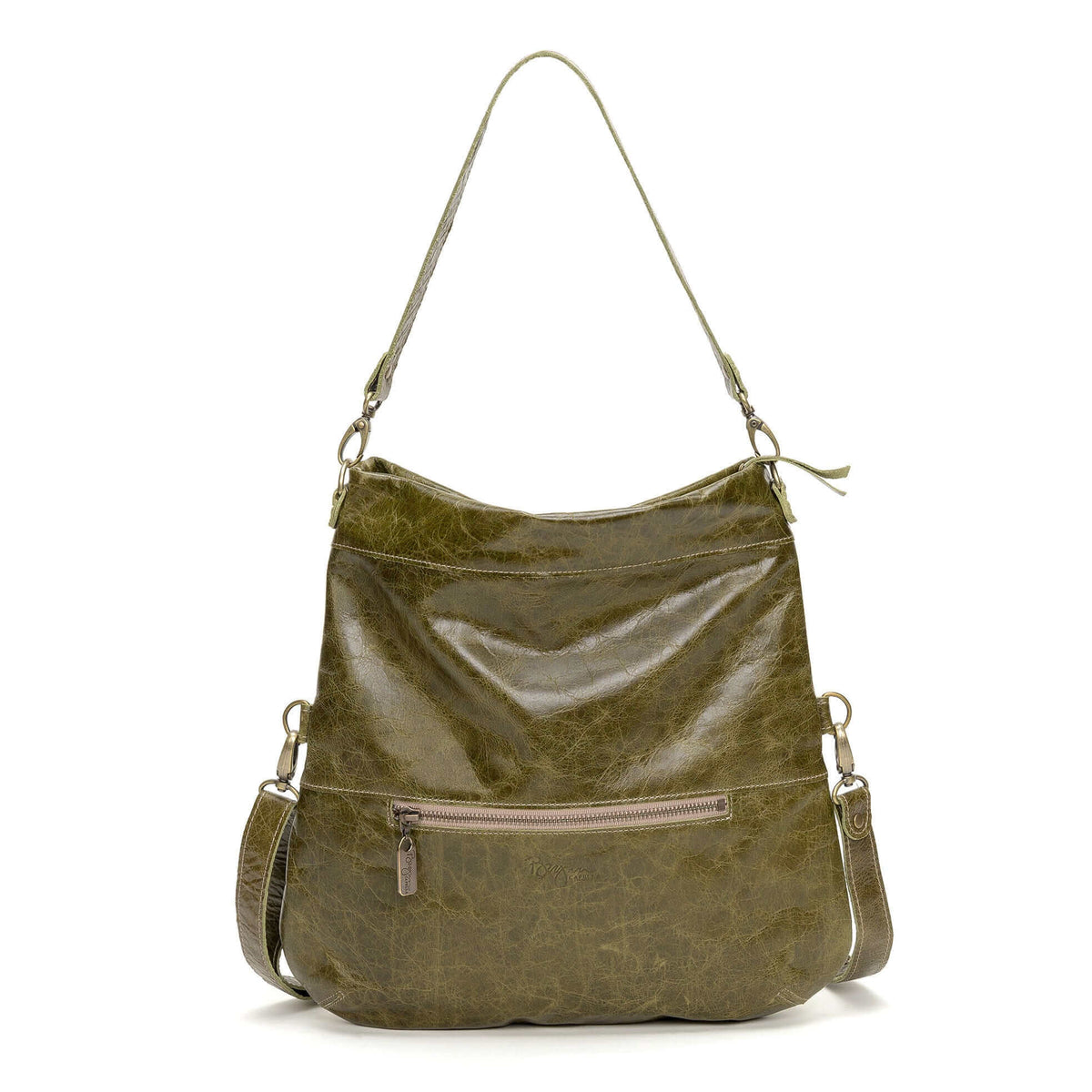  Mini Lauren 6-in-1 convertible leather crossbody bag in olive green with adjustable strap and zippered pockets. Backside zipper shown.