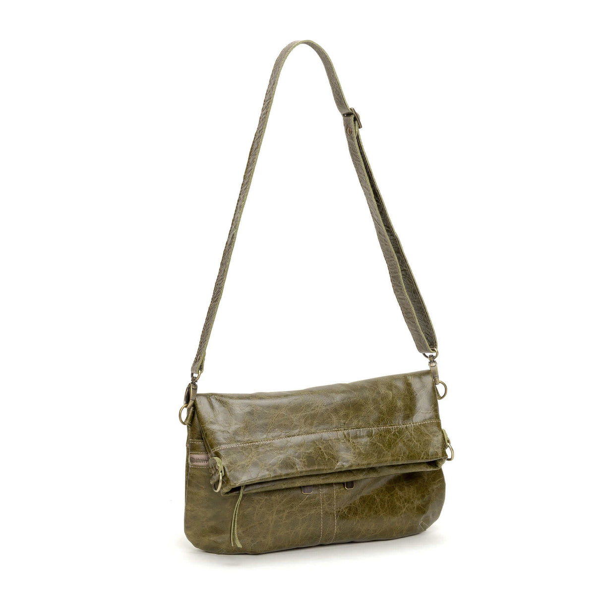  Mini Lauren 6-in-1 convertible leather crossbody bag in olive green with adjustable strap and zippered pockets. Shown folded over with crossbody strap.