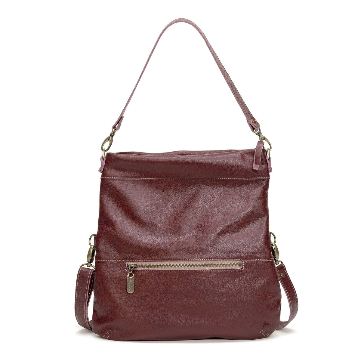 Mini Lauren 6-in-1 Convertible Leather Crossbody Bag in burgundy, a versatile leather crossbody bag for everyday use. Backside zipper shown.