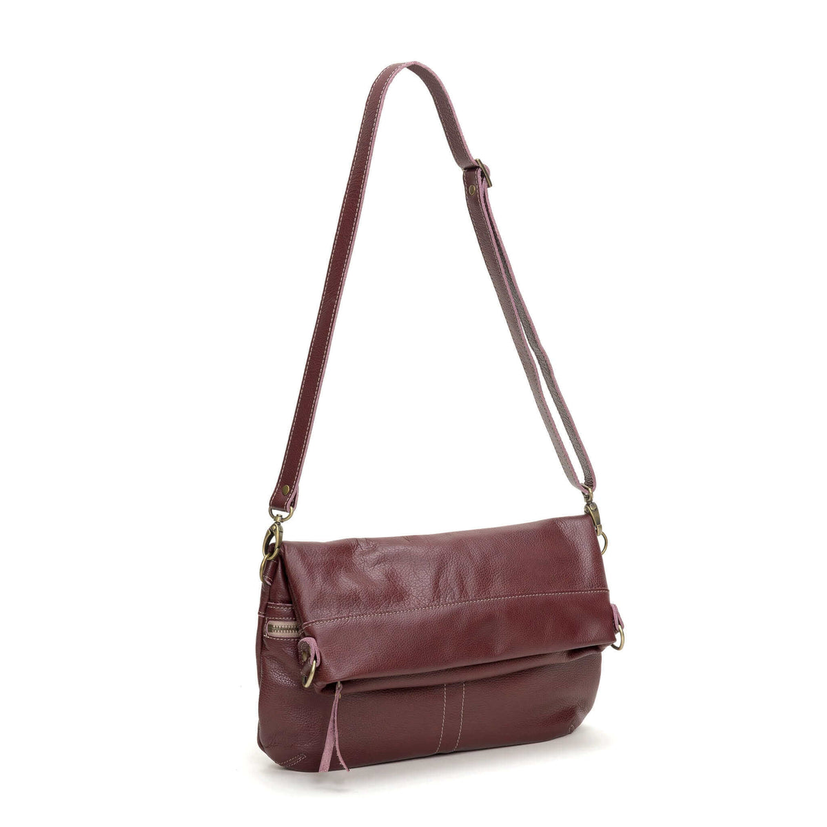 Mini Lauren 6-in-1 Convertible Leather Crossbody Bag in burgundy, a versatile leather crossbody bag for everyday use. Shown folded over with crossbody strap.