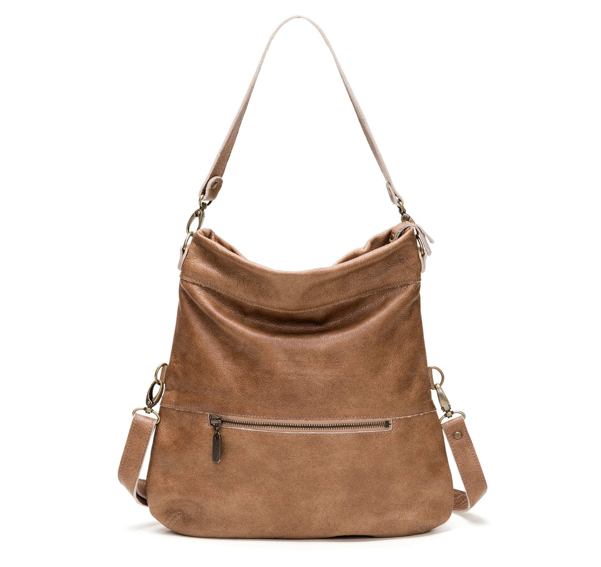 Mini Lauren 6-in-1 Convertible Leather Crossbody Bag in tan leather, showcasing versatile styling options.