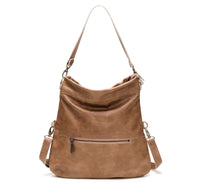 Mini Lauren 6-in-1 Convertible Leather Crossbody Bag in tan leather, showcasing versatile styling options.