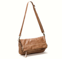 Mini Lauren 6-in-1 convertible leather crossbody bag in brown with adjustable strap.