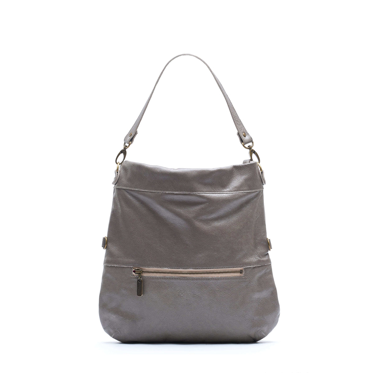 Mini Lauren 6-in-1 Convertible Leather Crossbody Bag - Stone Temple in gray with adjustable strap and zipper pocket.