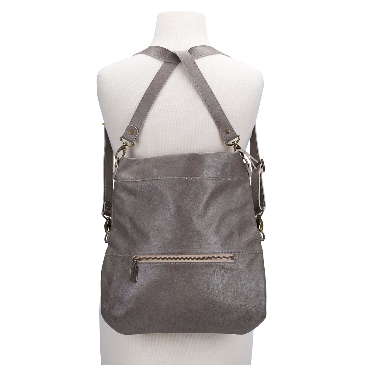 Mini Lauren 6-in-1 Convertible Leather Crossbody Bag - Stone Temple displayed on a dress form, showcasing its versatile back view.
