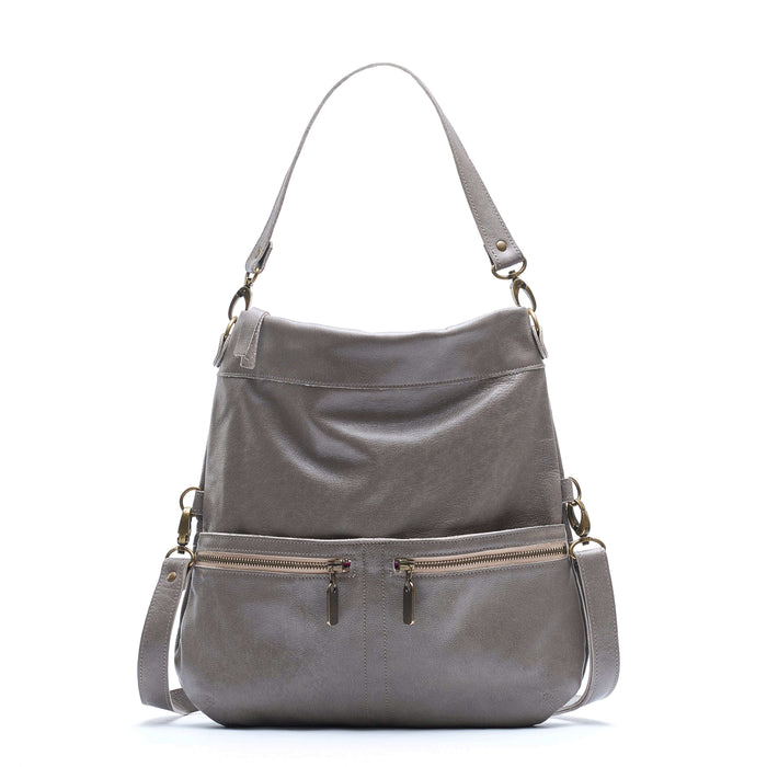 Mini Lauren 6-in-1 Convertible Leather Crossbody Bag - Stone Temple in grey leather with multiple pockets.