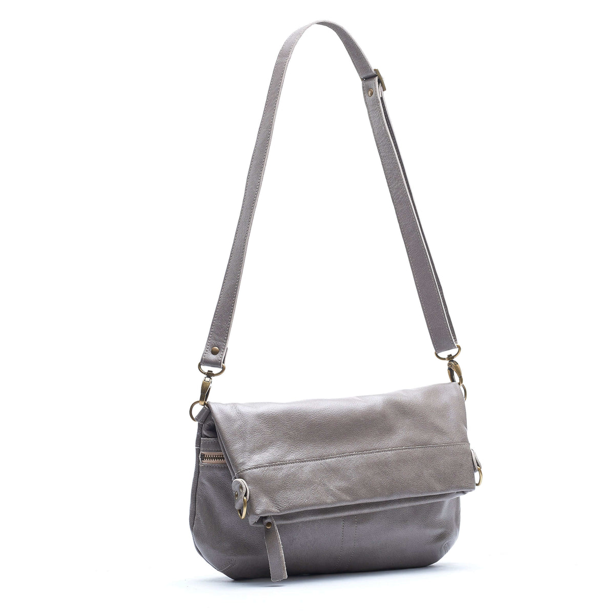 Mini Lauren 6-in-1 Convertible Leather Crossbody Bag - Stone Temple in grey leather, showcasing its versatile design.