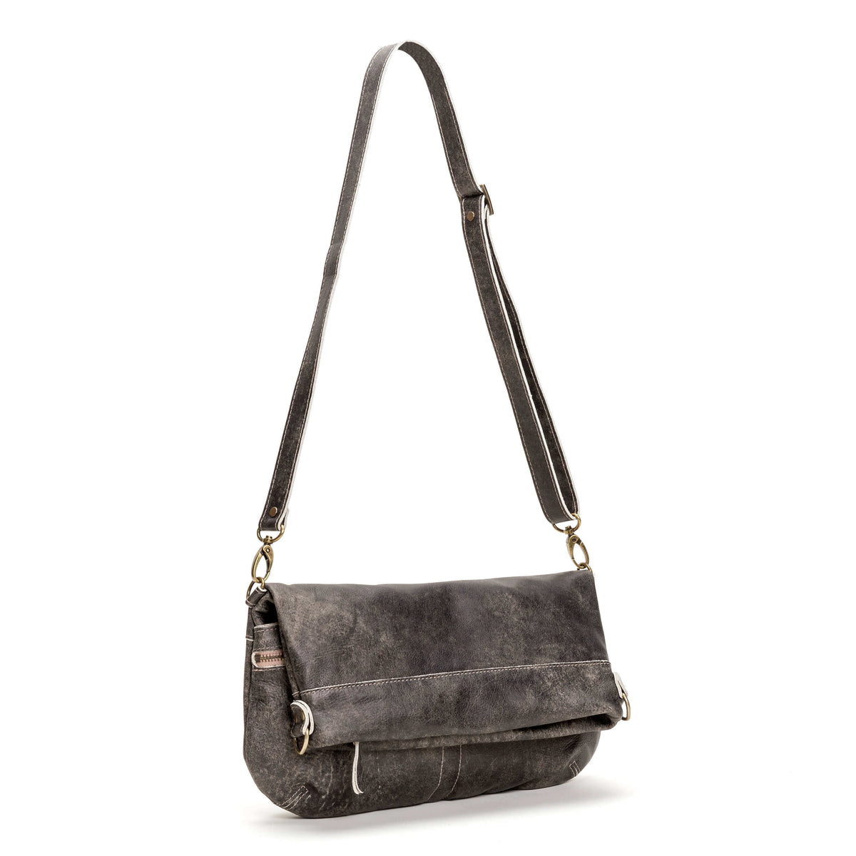 Mini Lauren leather crossbody bag in gray with adjustable strap, showcasing a stylish, convertible design.