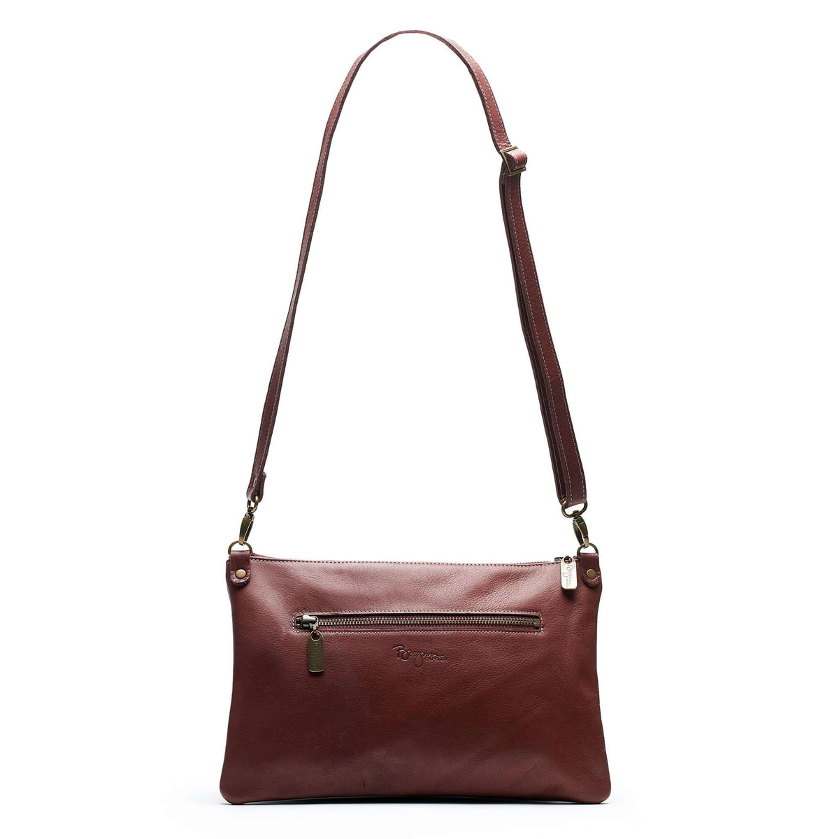 Back view of Studded crossbody bag in wine full-grain leather convertible clutch-to-crossbody with detachable strap