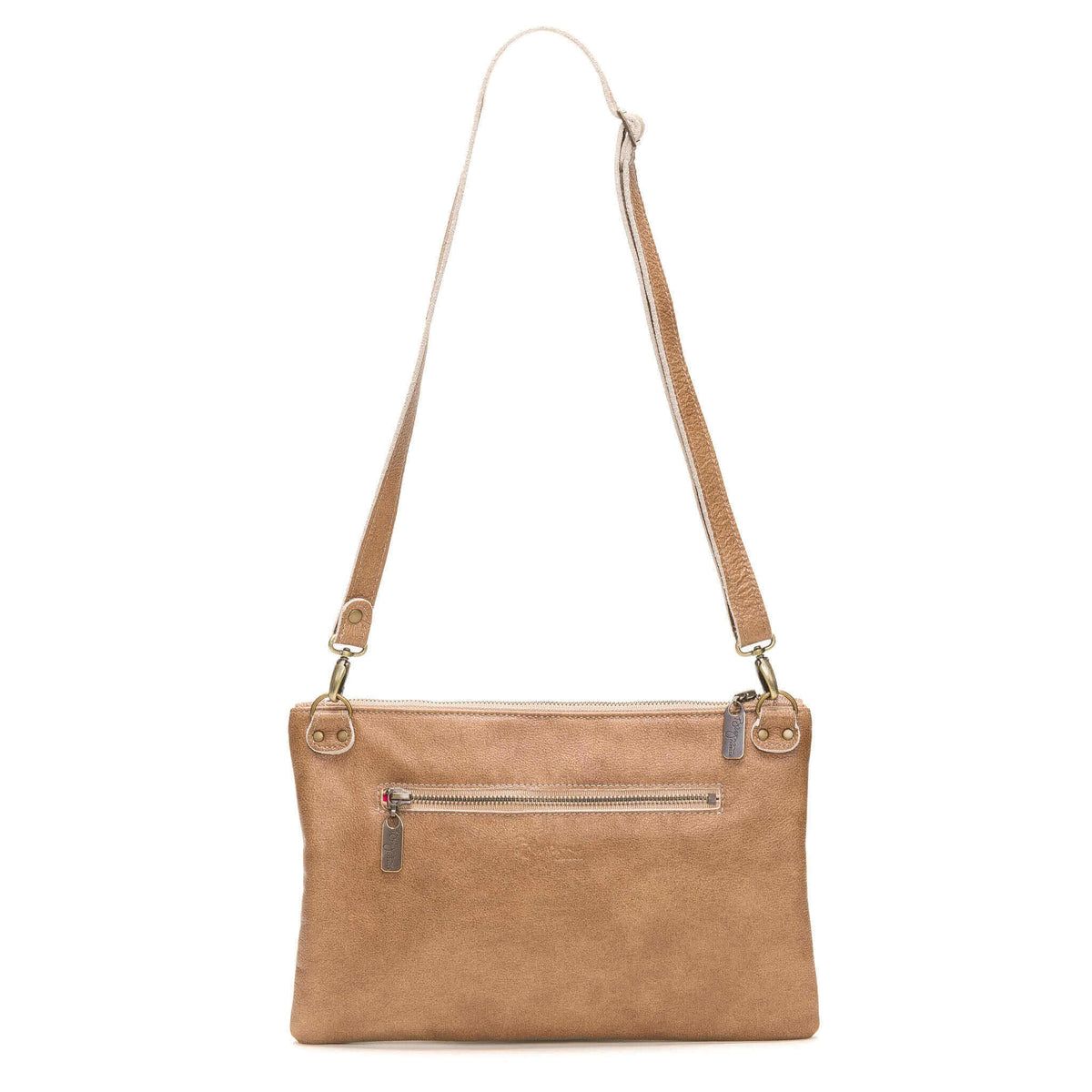 Back view of studded crossbody bag in golden tan full-grain leather convertible clutch-to-crossbody with detachable strap