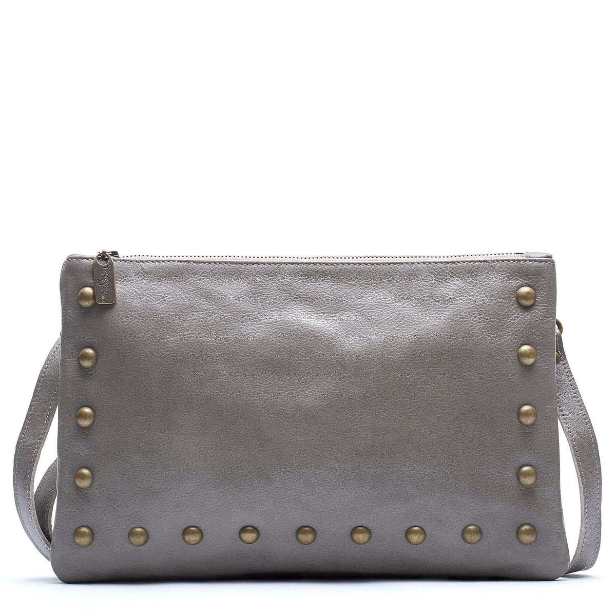 Studded crossbody bag in light grey full-grain leather convertible clutch-to-crossbody with adjustable strap
