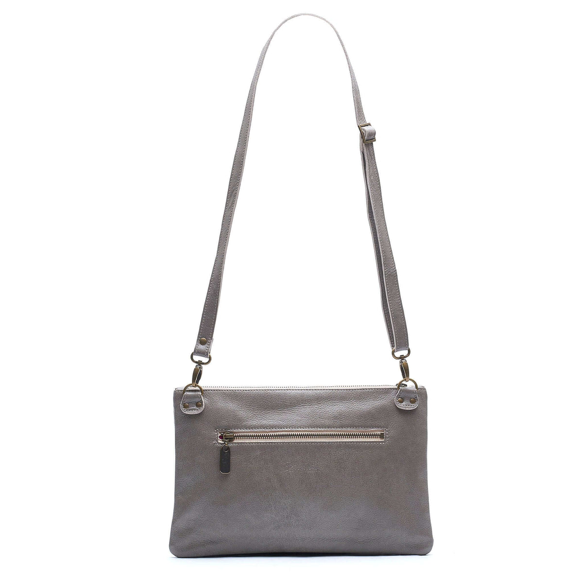 Back view of Studded crossbody bag in light grey full-grain leather convertible clutch-to-crossbody with detachable strap