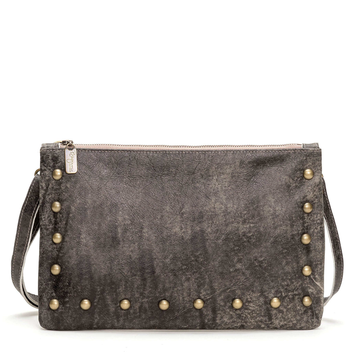 Studded crossbody bag in light charcoal full-grain leather convertible clutch-to-crossbody with adjustable strap