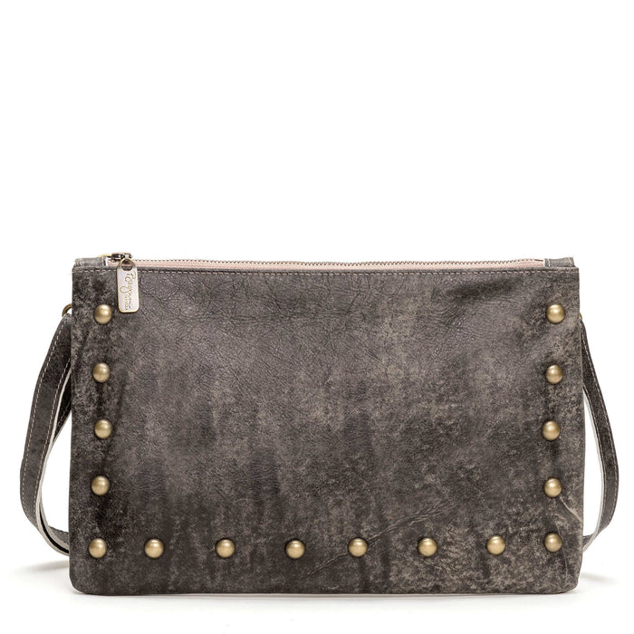 Studded crossbody bag in light charcoal full-grain leather convertible clutch-to-crossbody with adjustable strap