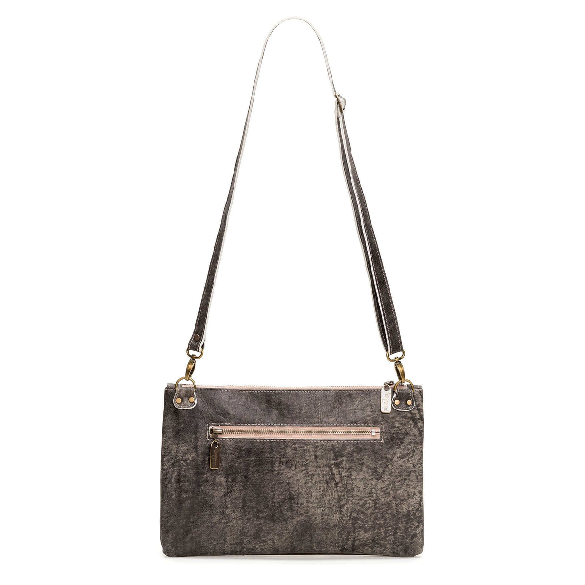 Back view of studded crossbody bag in light charcoal full-grain leather convertible clutch-to-crossbody with detachable strap