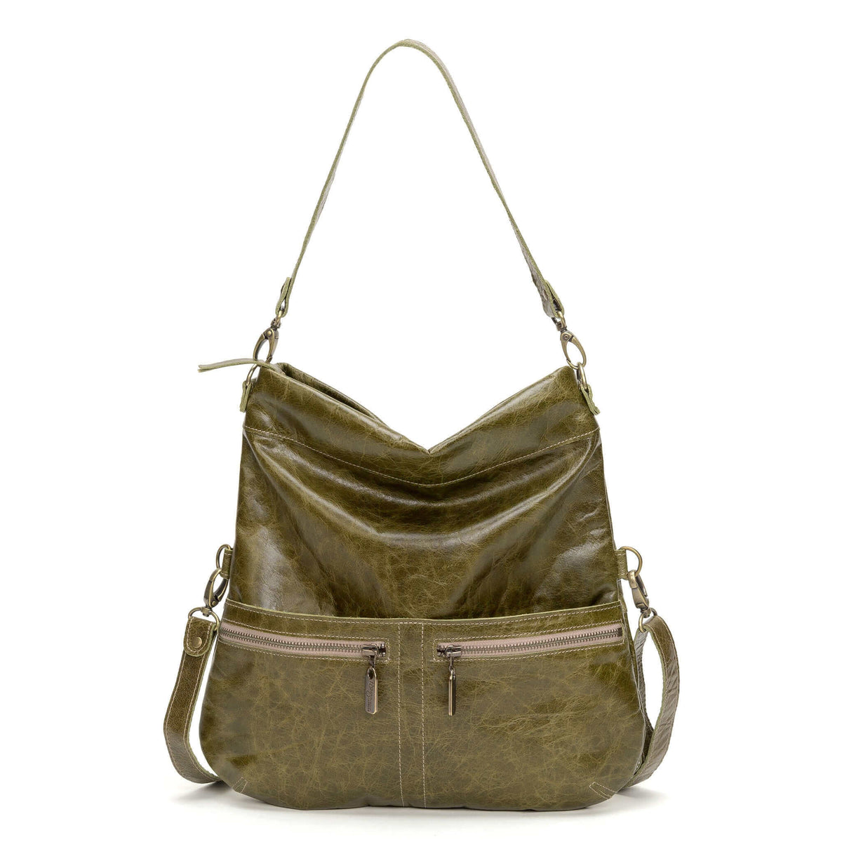 Mini Lauren 6-in-1 convertible leather crossbody bag in olive green with adjustable strap and zippered pockets.