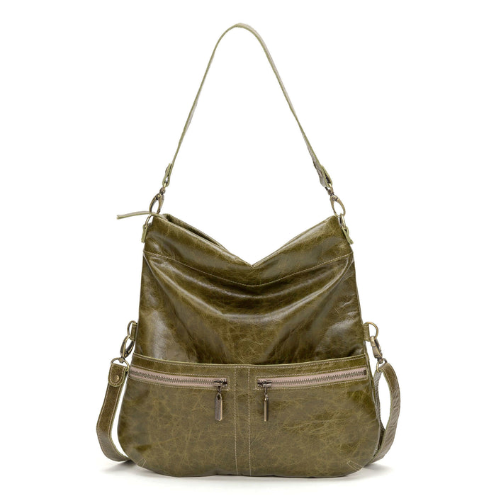 Mini Lauren 6-in-1 convertible leather crossbody bag in olive green with adjustable strap and zippered pockets.