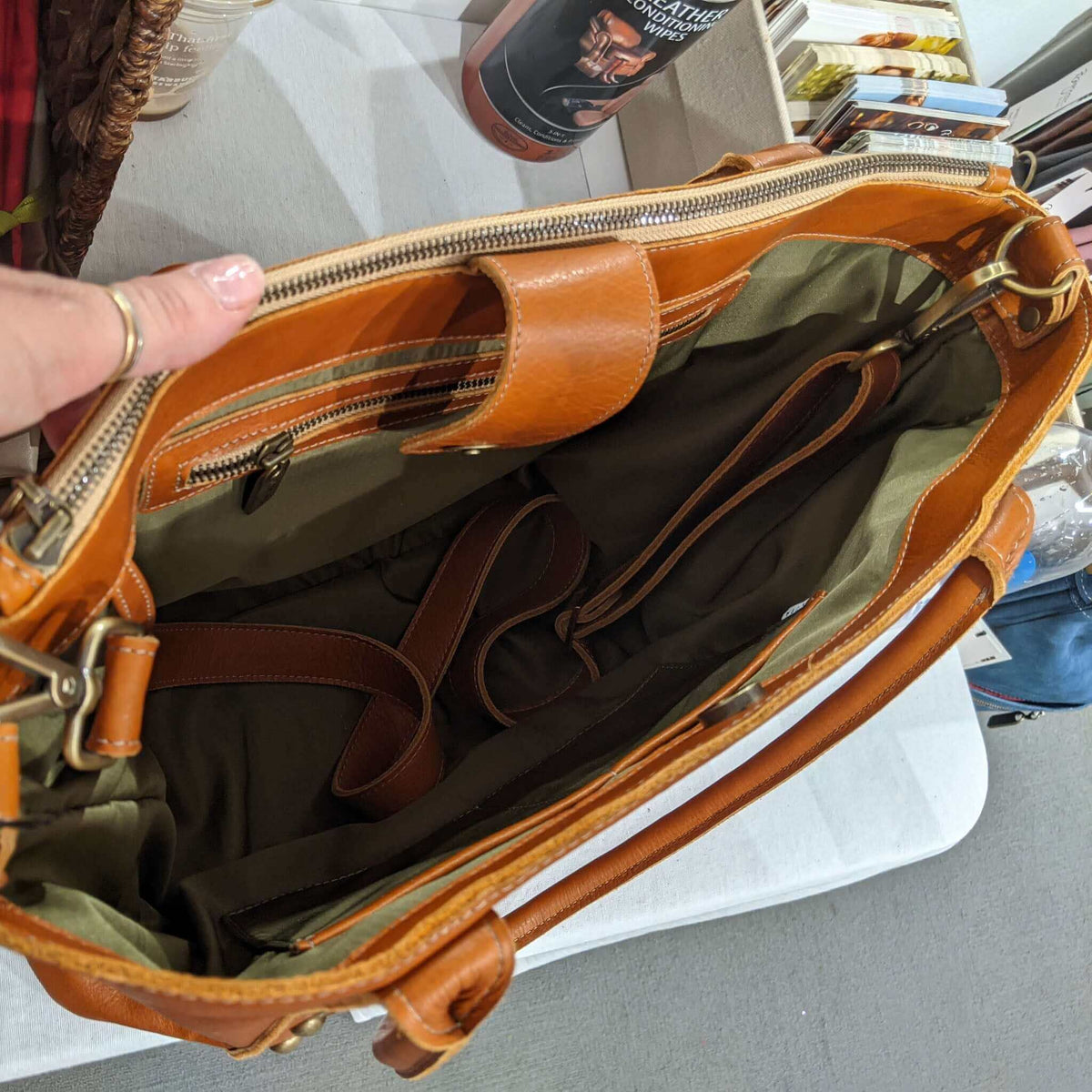 The perfect leather tote bag, whiskey rust, Brynn Capella, made in the usa, inside view